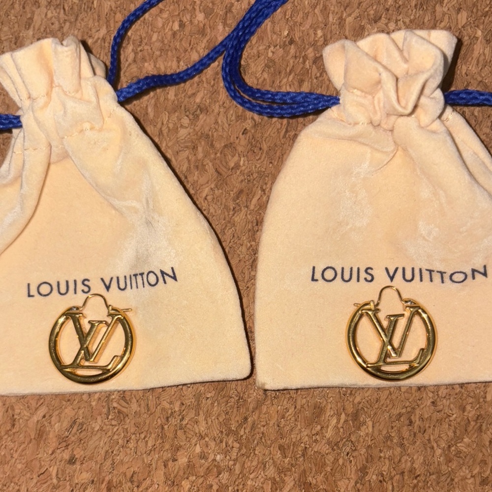 Louis Vuitton Gold Logo Hoop Earrings with Beige Pouches